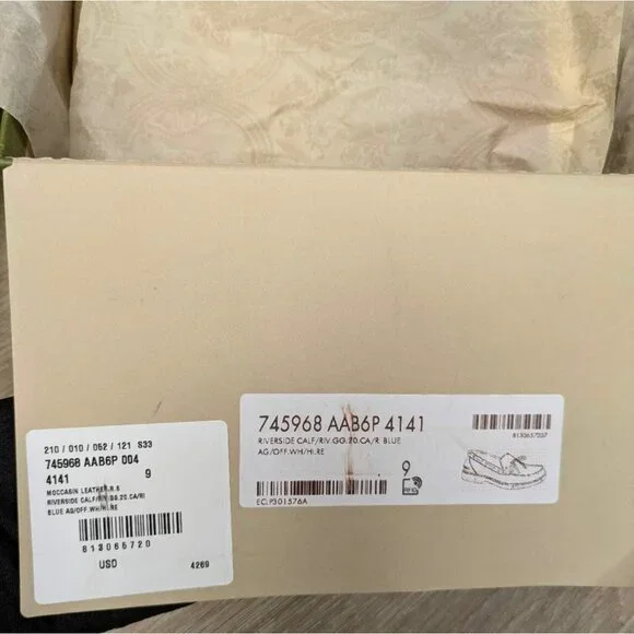 Gucci Men's Riverside Moccasin Calfskin GG Boat Shoes Blue/Off White 745968 UK9 - Picture 10 of 12